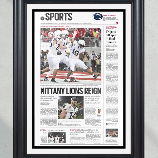 2023 Penn State Nittany Lions Rose Bowl Champions NCAA College Football Framed Front Page Newspaper Print