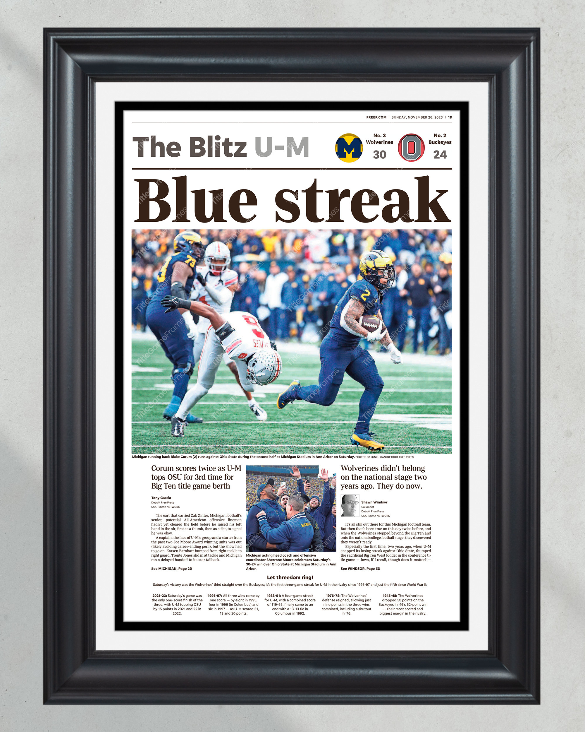 2023 Michigan Wolverines "Blue Streak" def. Ohio State Buckeyes Front Page Newspaper Print PT60585