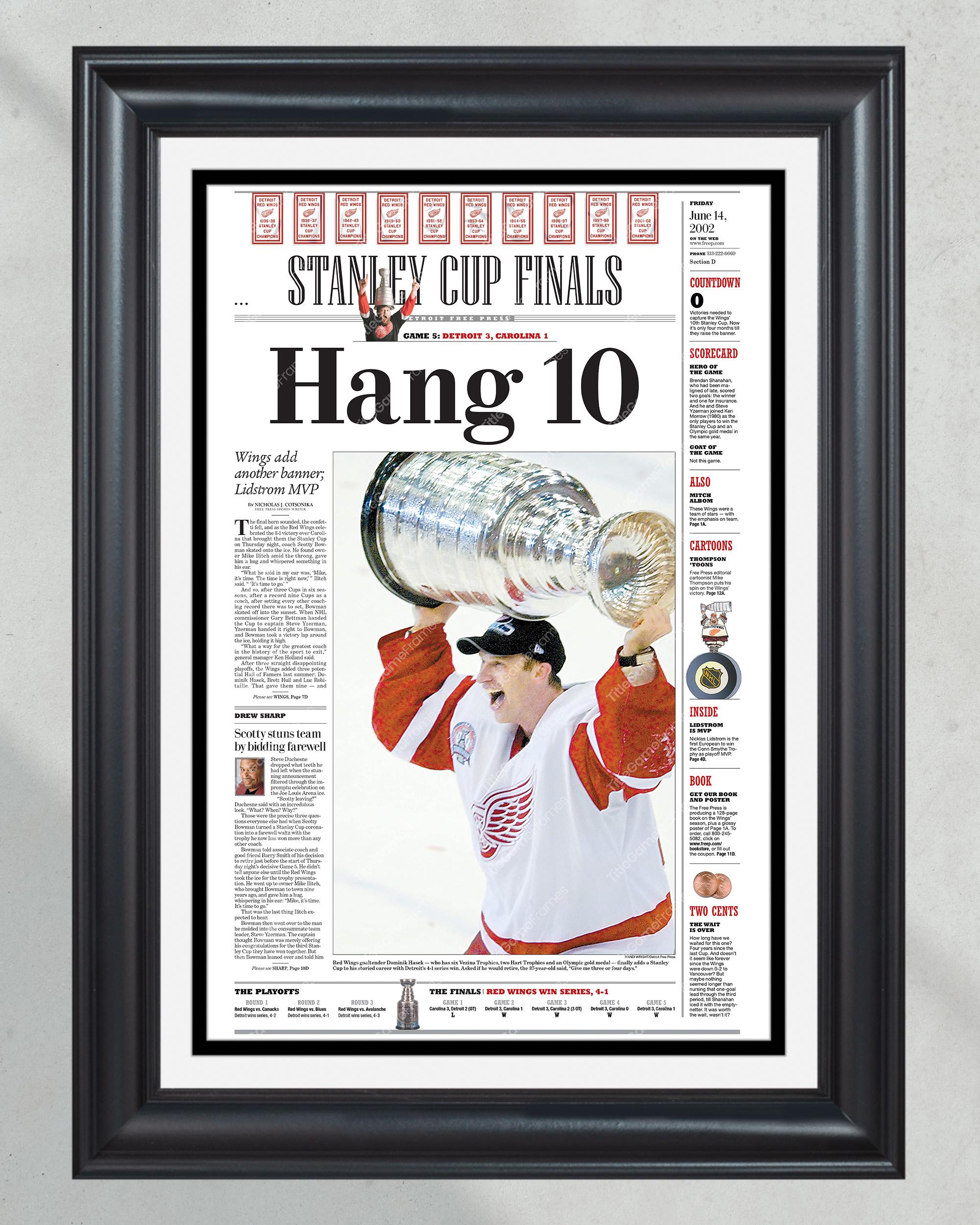 2002 Detroit Red Wings NHL Stanley Cup Champions "Hang 10" Framed Newspaper PT61039