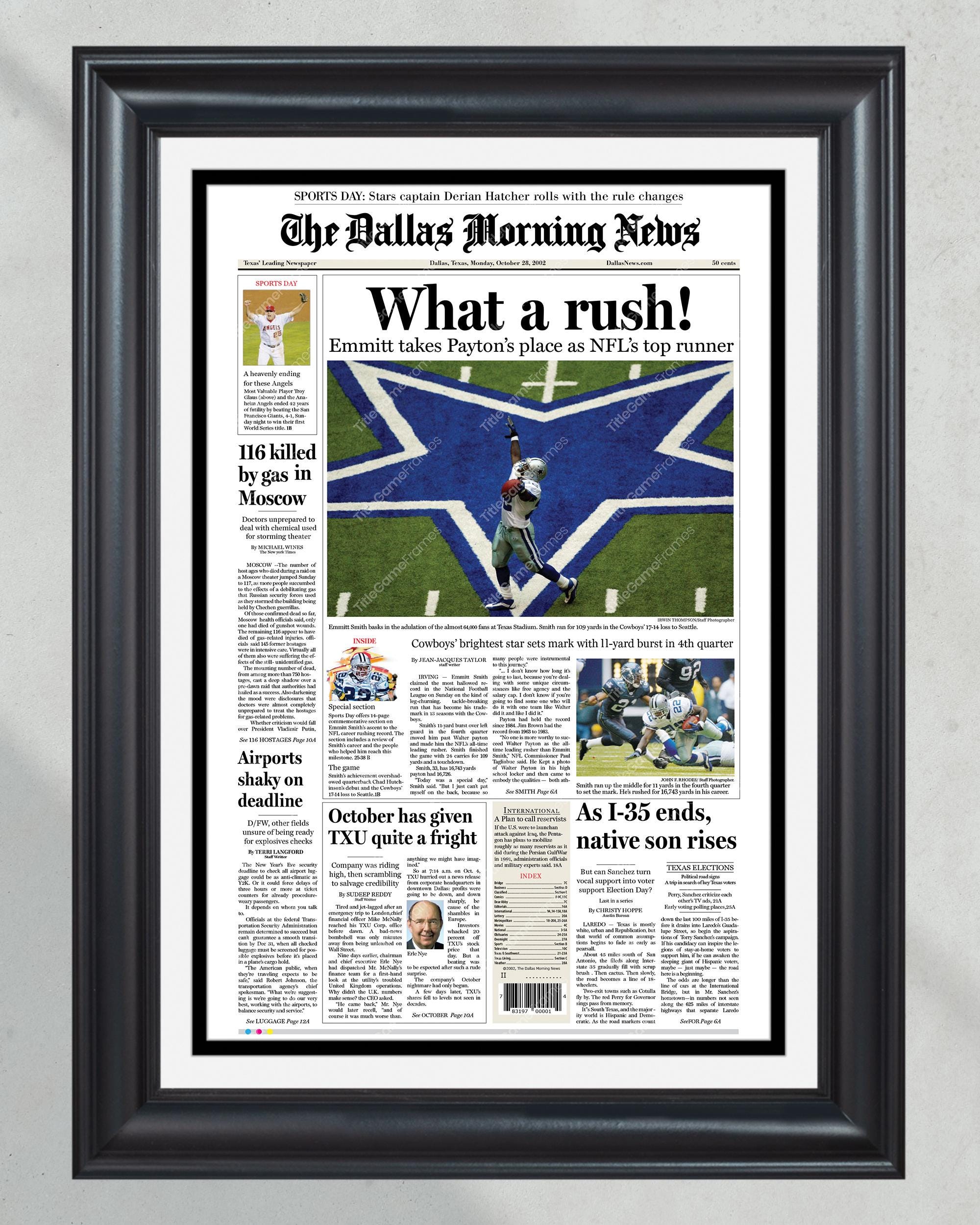 2002 Emmitt Smith Rushing Record 'What a rush!' Framed Front Page Newspaper PT61074