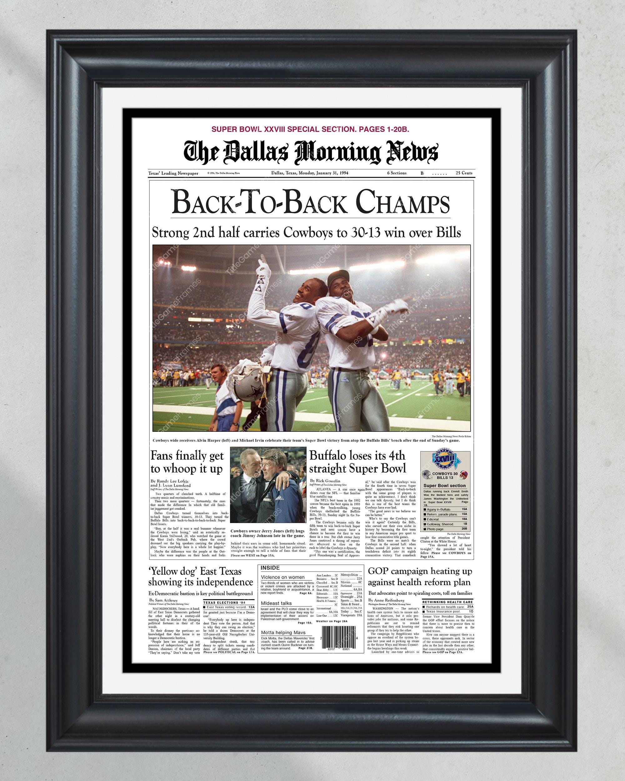 1994 Dallas Cowboys Back to Back Super Bowl Champions Framed Front Page Newspaper Print PT60353