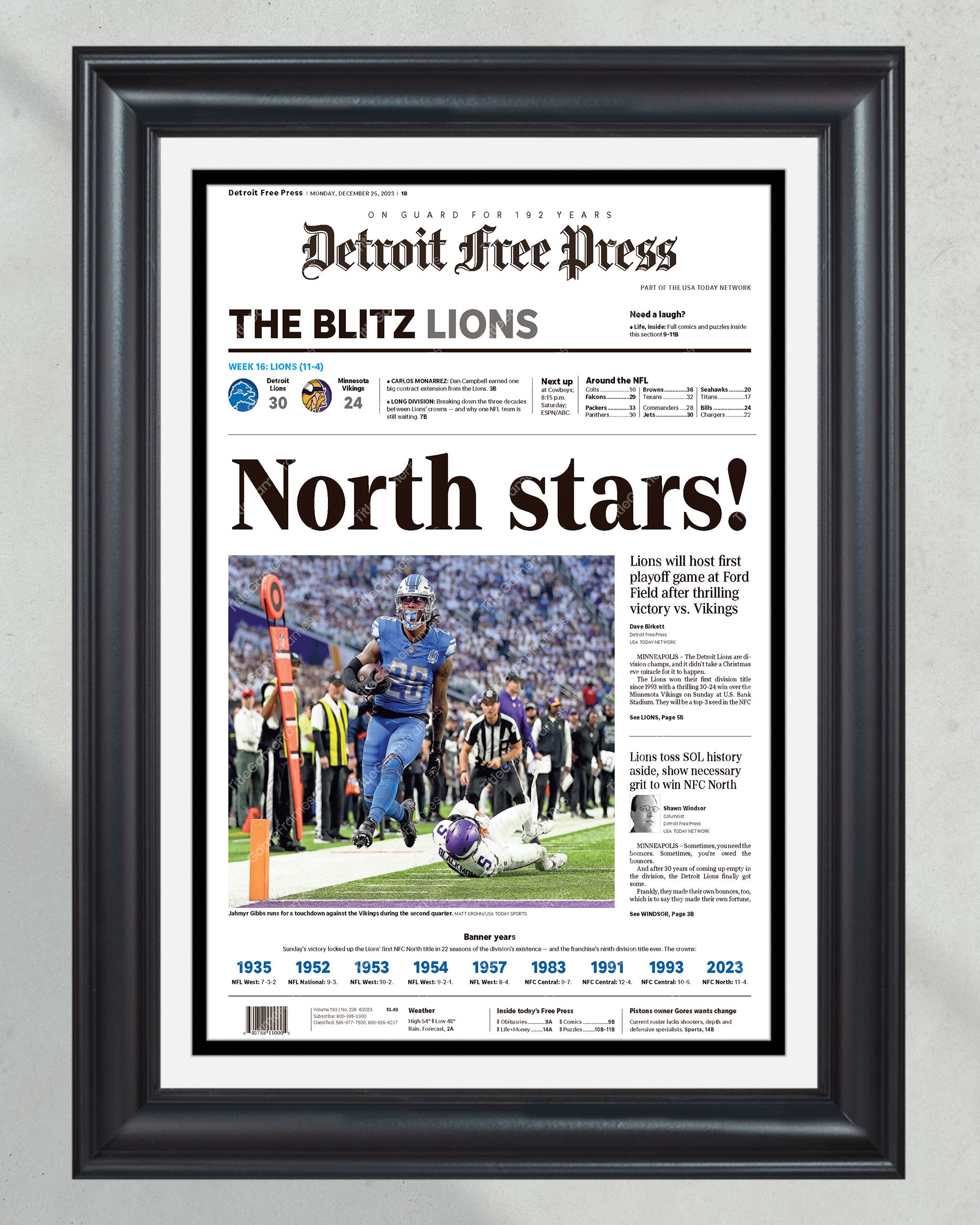 2023 Detroit Lions NFC North Champions 'North Stars!'- Framed Front Page Newspaper PT60865