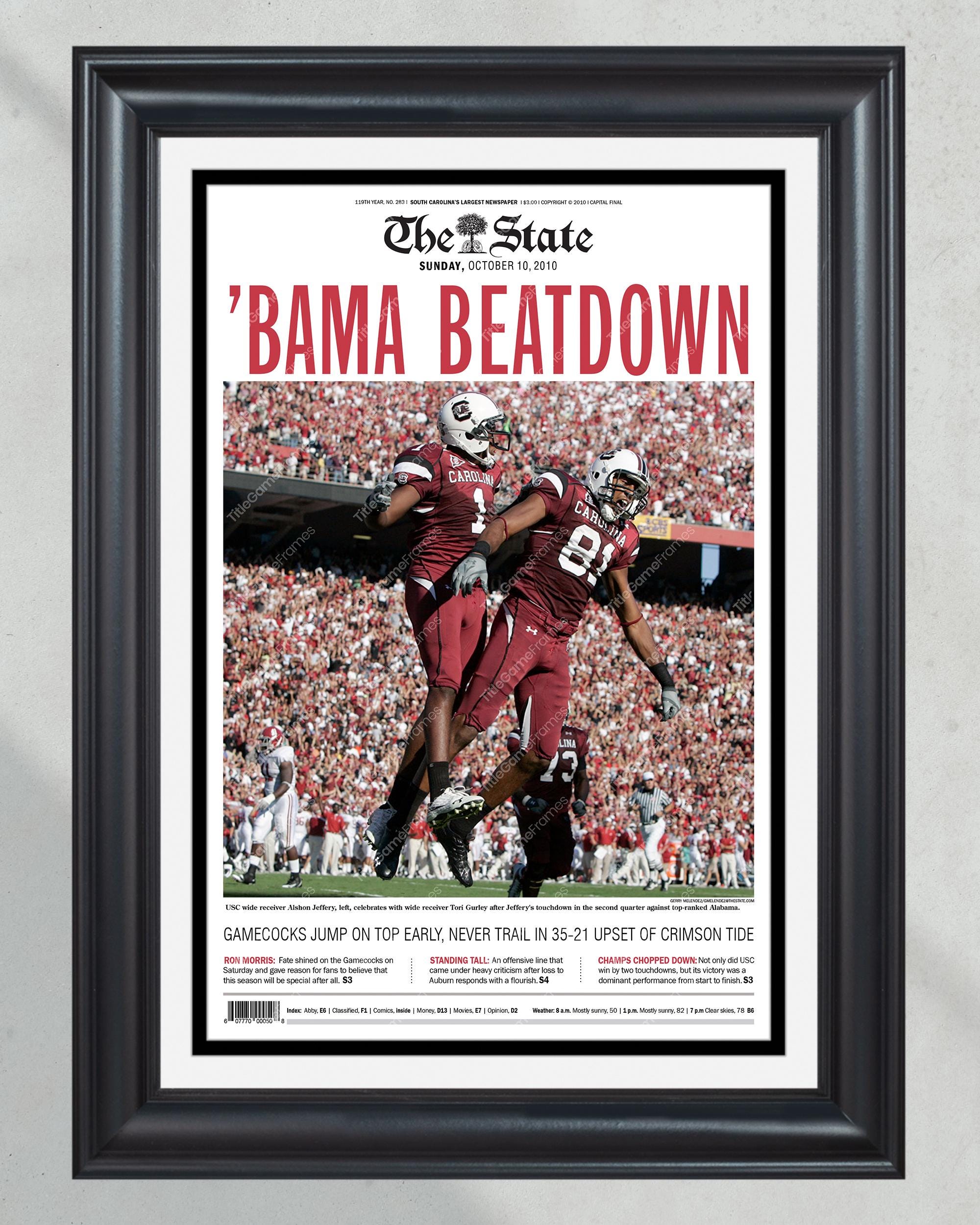 2010 South Carolina Gamecocks Upset Alabama 'BAMA BEATDOWN' Framed Front Page Newspaper Print PT61018