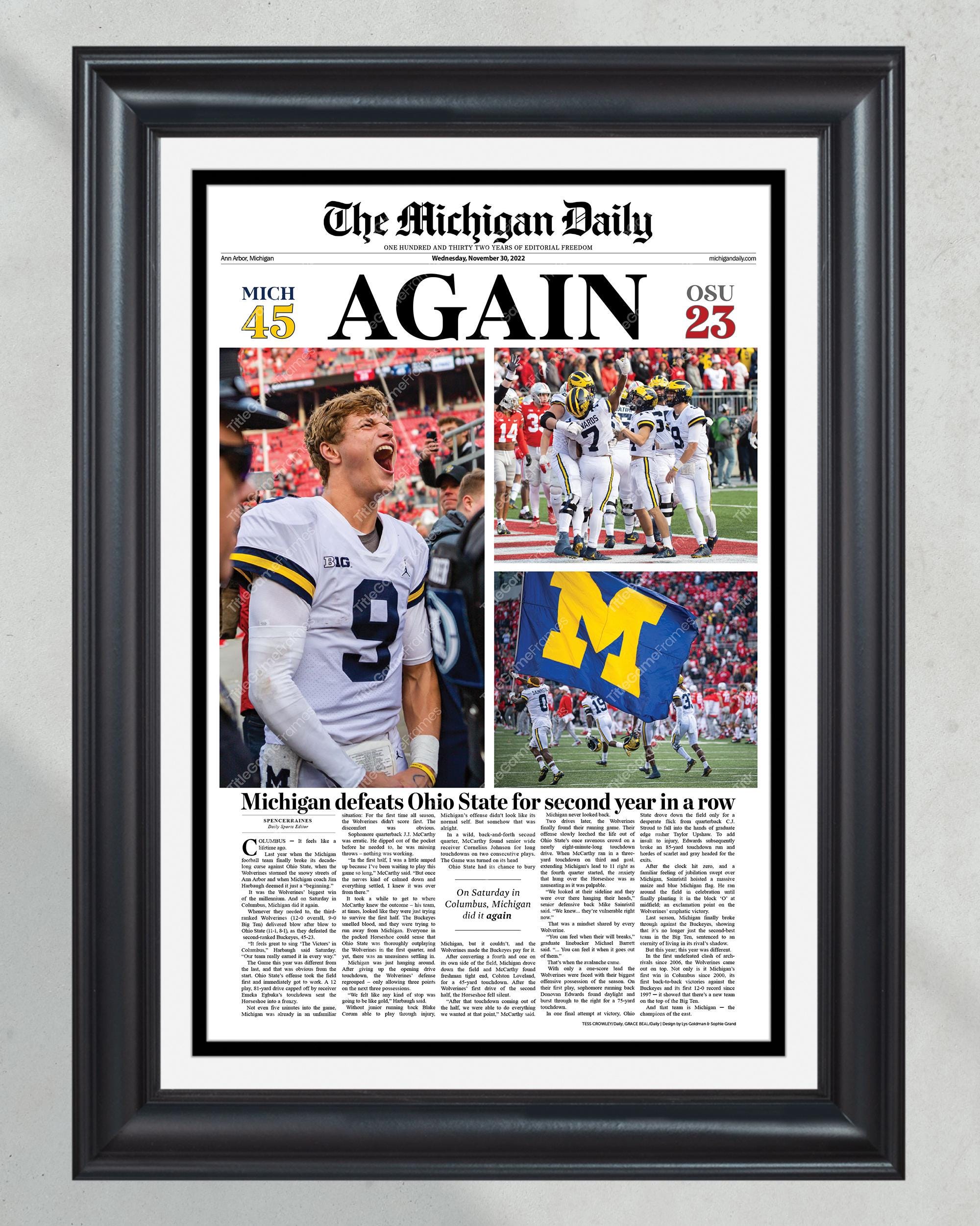 2022 Michigan Wolverines "Again" def. Ohio State Buckeyes Front Page Newspaper Print PT60748