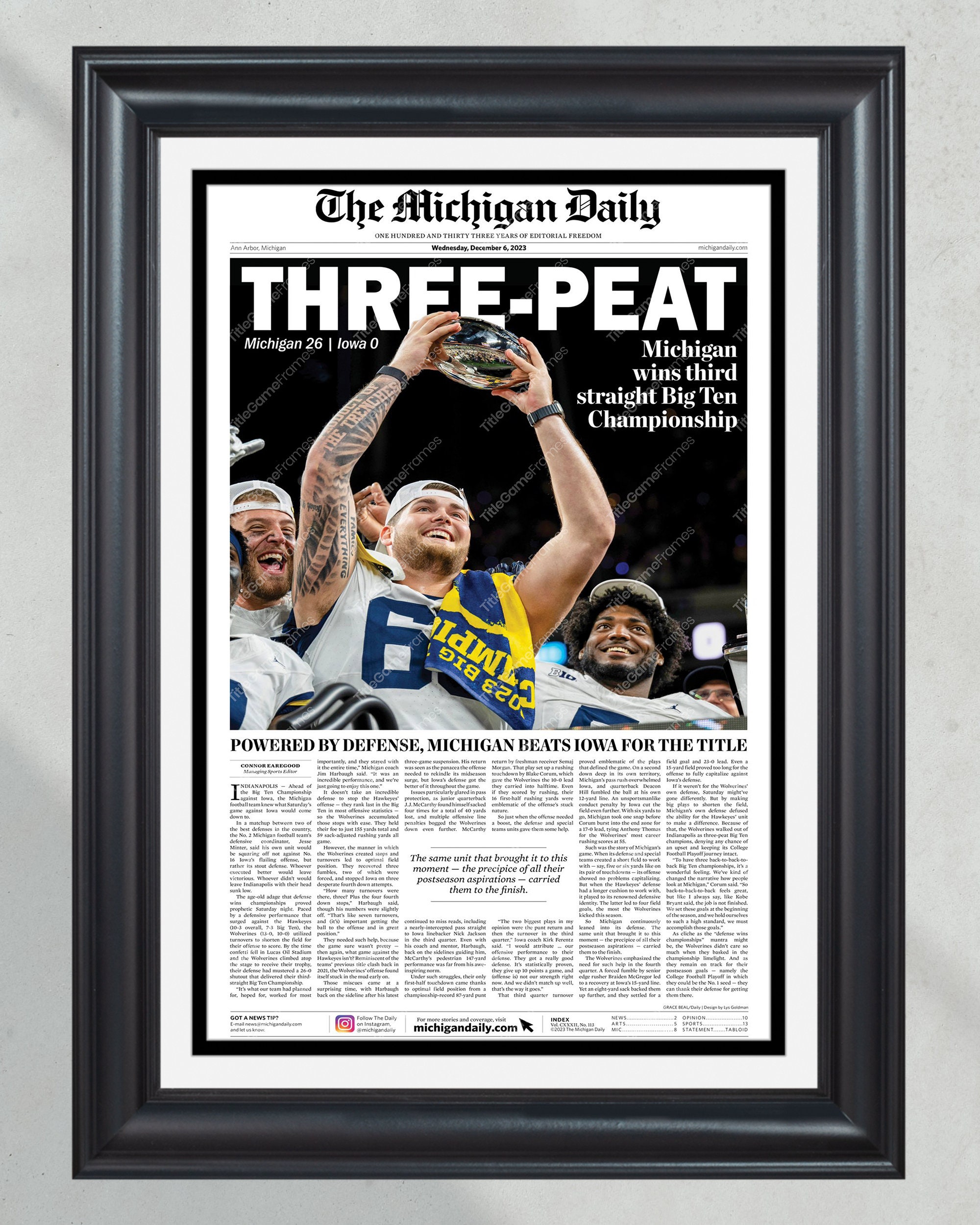 2023 Michigan Wolverines Big Ten Championship "THREE-PEAT" def. Iowa Front Page Newspaper PT60796