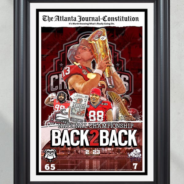 Impresión de periódico enmarcada de portada, campeones nacionales de fútbol americano universitario 'BACK 2 BACK' de los Georgia Bulldogs de 2023
