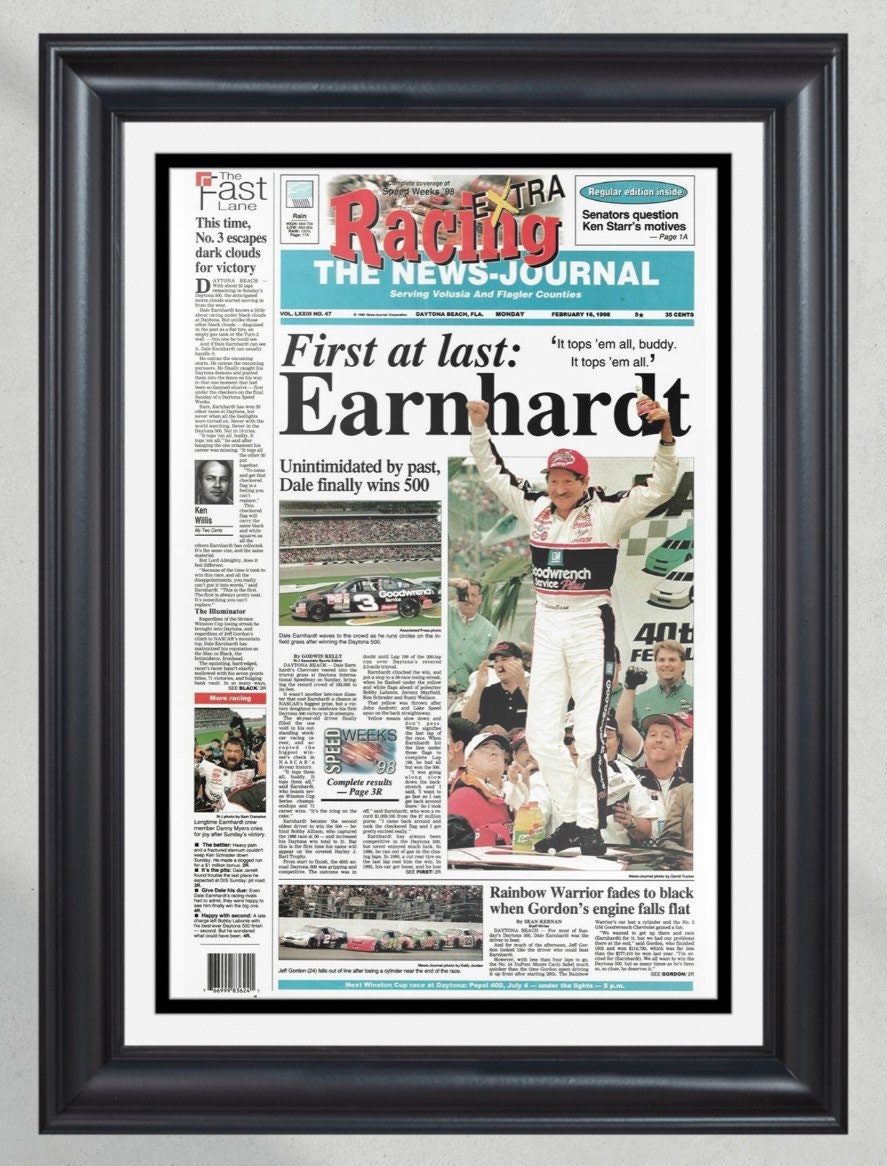 1998 Daytona 500 Dale Earnhardt Victory Framed Front Page Newspaper Print PT60469