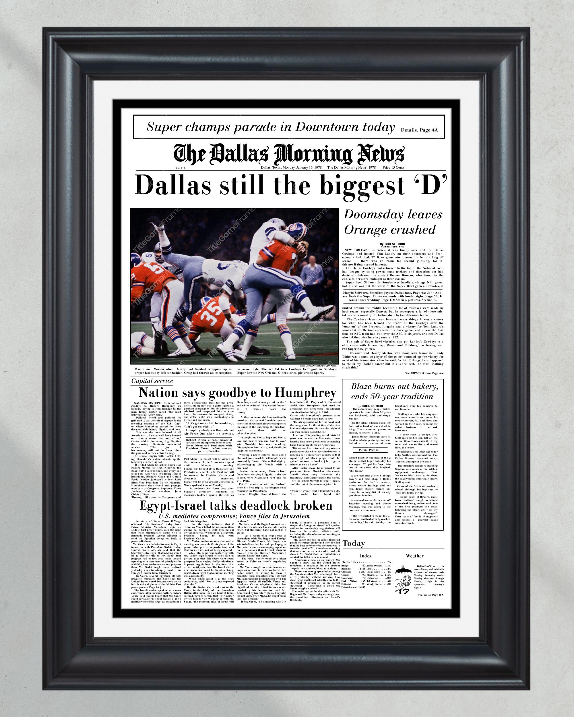 1978 Dallas Cowboys Super XII Champions Framed Front Page Newspaper Print PT60683