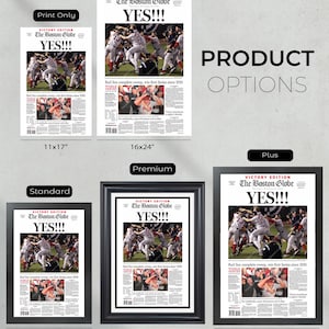 May include: Product options featuring framed and unframed prints of a newspaper front page. The headline reads "YES!!!" above a sports action shot. Sizes range from 11x17 inches to 18x26 inches, with options for standard, premium, and plus framing.