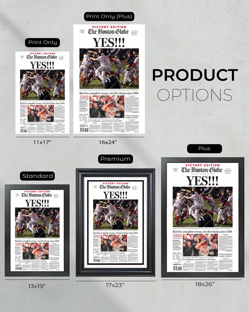 May include: Product options featuring framed and unframed prints of a newspaper front page. The headline reads "YES!!!" above a sports action shot. Sizes range from 11x17 inches to 18x26 inches, with options for standard, premium, and plus framing.