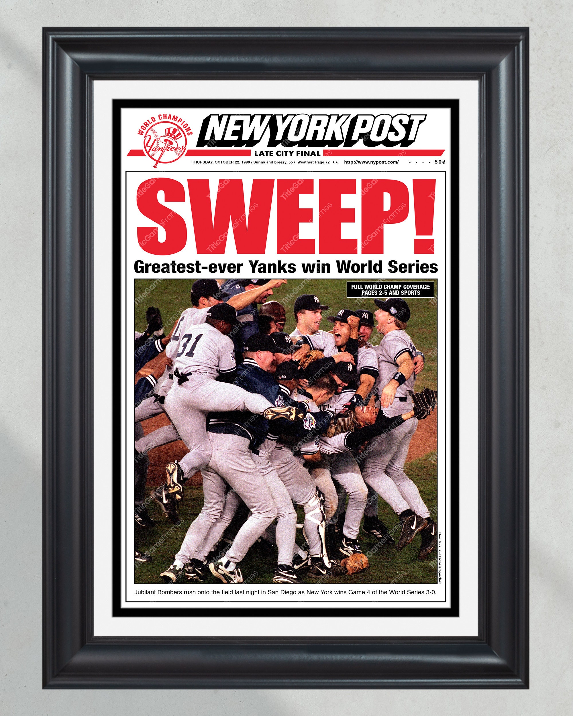1998 Yankees World Series Champions 'SWEEP!' Framed Front Page Newspaper PT60674