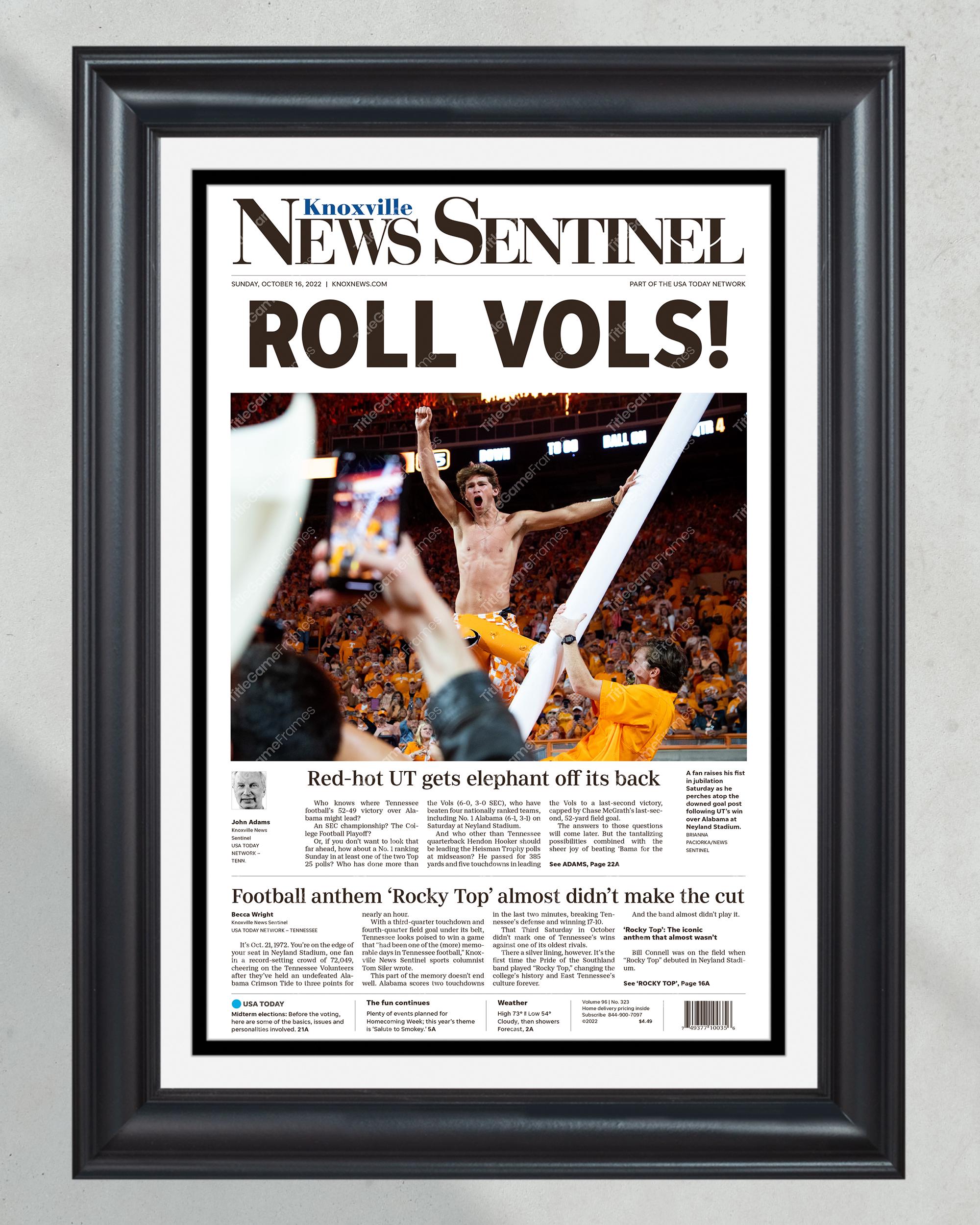 2022 Tennessee Volunteers "ROLL VOLS!" Upsets Alabama Crimson Tide Framed Front Page Newspaper PT60638