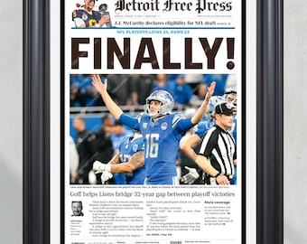 2024 Detroit Lions Historic Playoff Victory: 'FINALLY!' - Goff Leads Team to Glory - Commemorative Framed Print