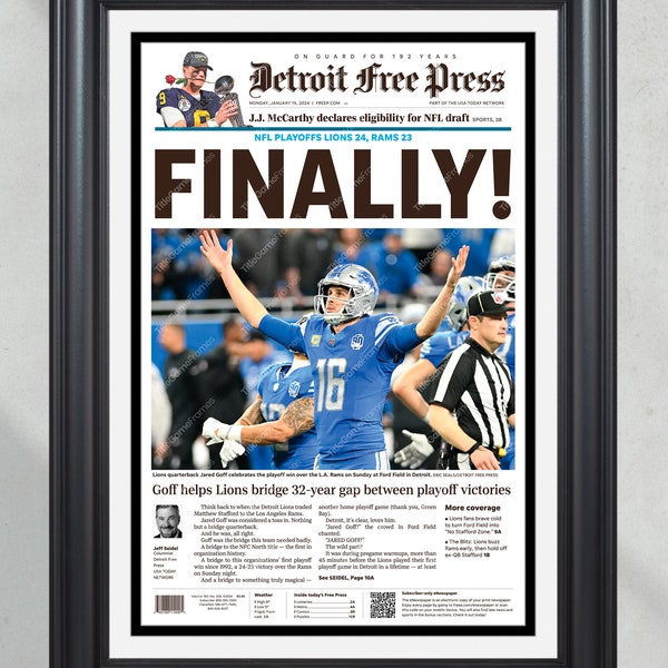 2024 Detroit Lions Historic Playoff Victory: 'FINALLY!' - Goff Leads Team to Glory - Commemorative Framed Print