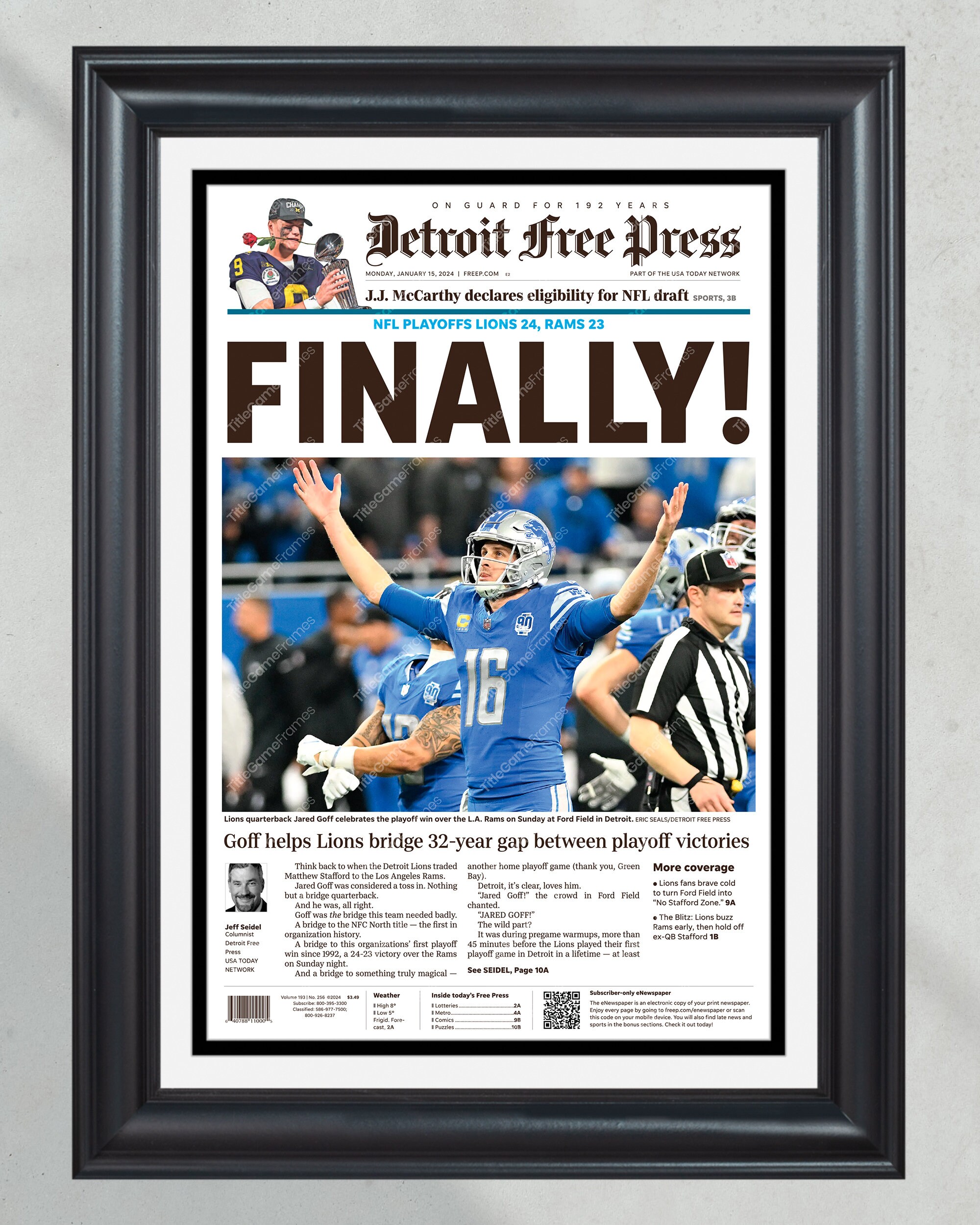 2024 Detroit Lions Historic Playoff Victory: 'FINALLY!' - Goff Leads Team to Glory - Commemorative Framed Print PT60850