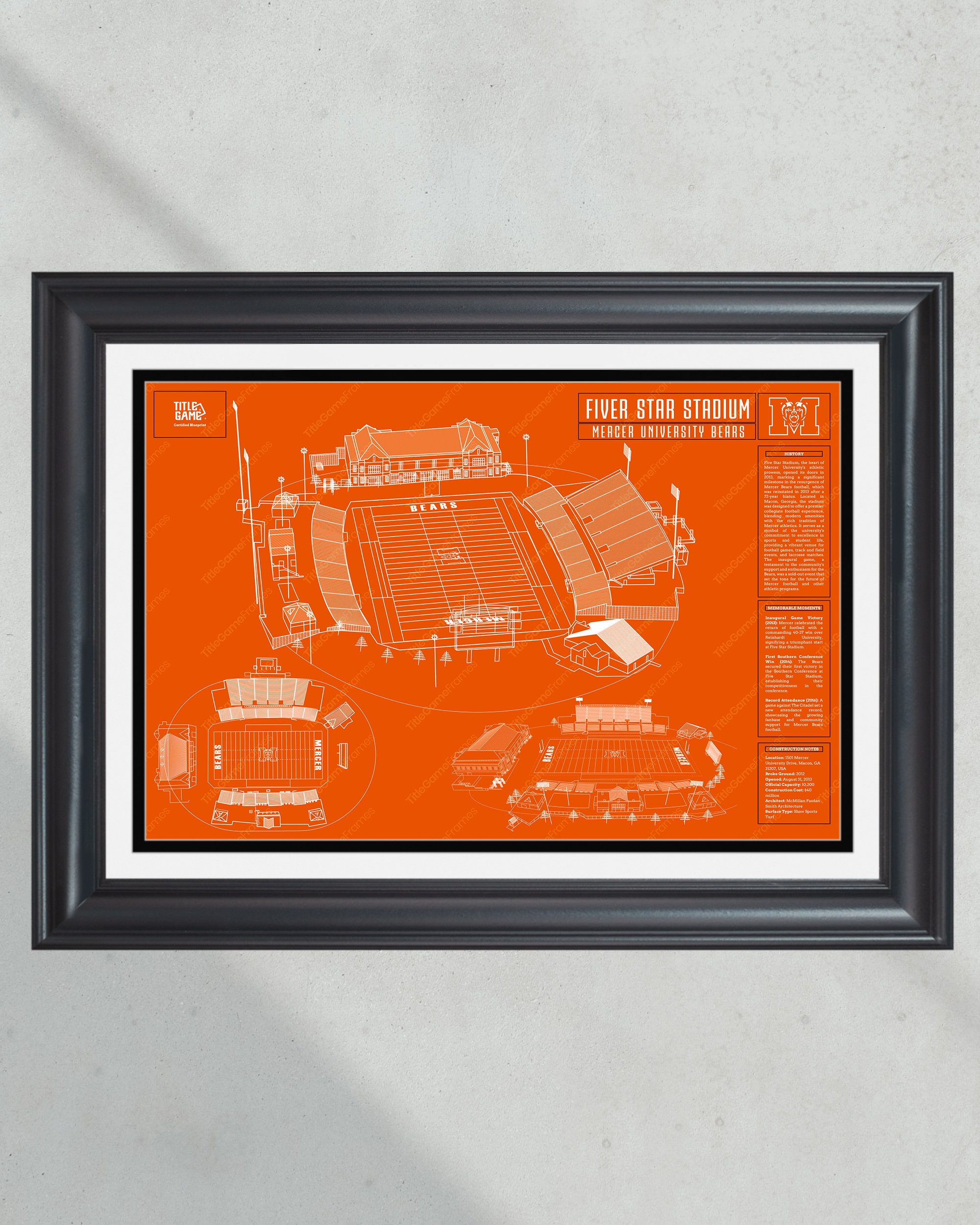 Mercer University Bears Five Star Stadium: Collegiate Football Blueprint Wall Art PT60738