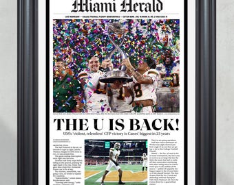 2025 Miami Football — “The U Is Back” — Cotton Bowl Champions 34–14 vs Ohio Football Framed Newspaper