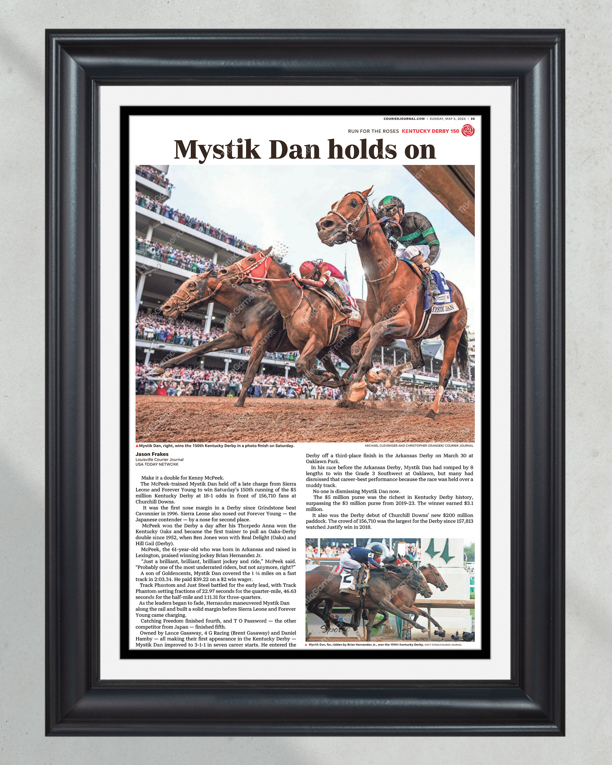 2024 Kentucky Derby 'Mystik Dan Holds On' Framed Newspaper PT60845