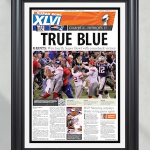 2012 New York Giants ‘True Blue’ framed Super Bowl newspaper front cover print Eli Manning