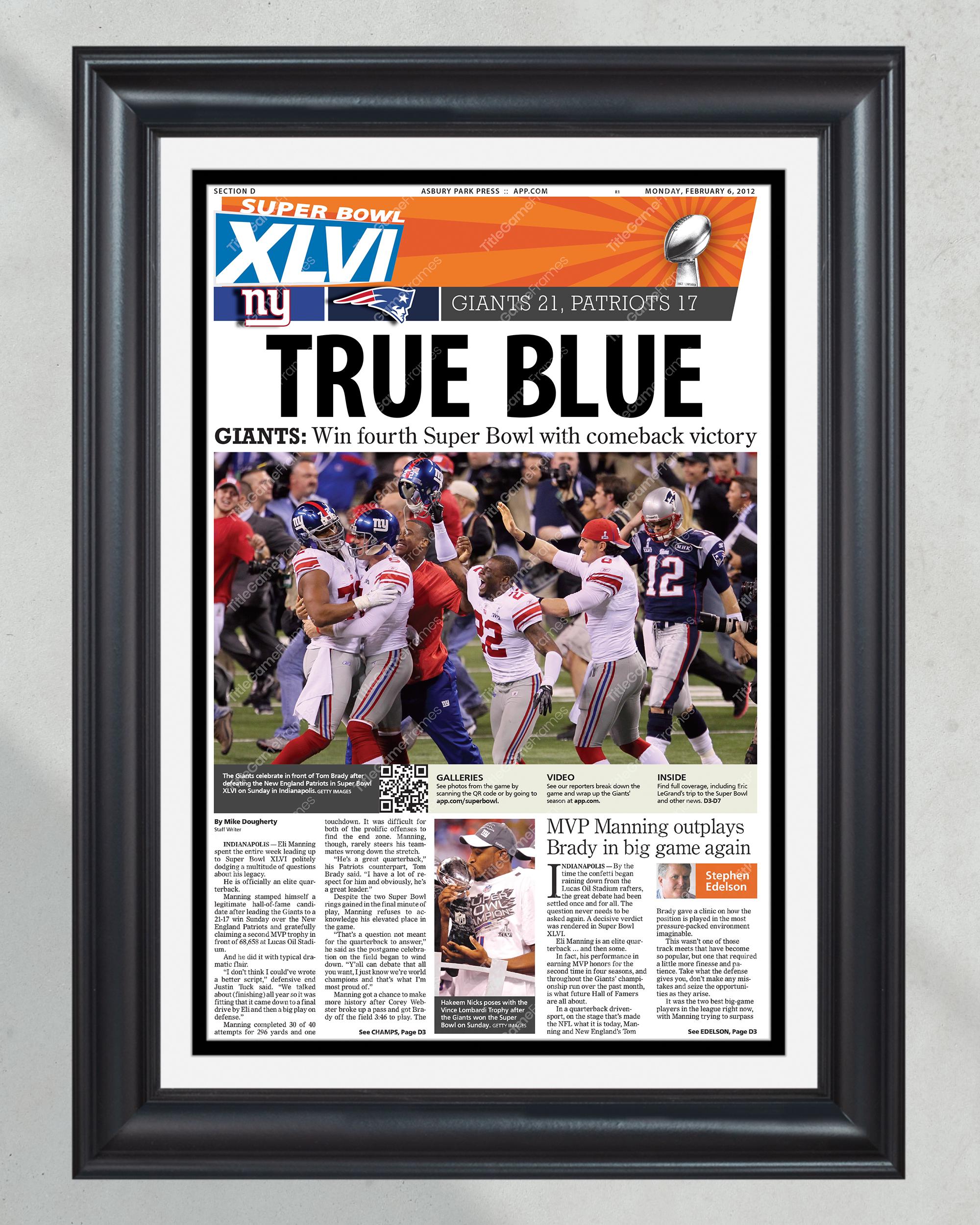 2012 New York Giants True Blue framed Super Bowl newspaper front cover print Eli Manning PT61069