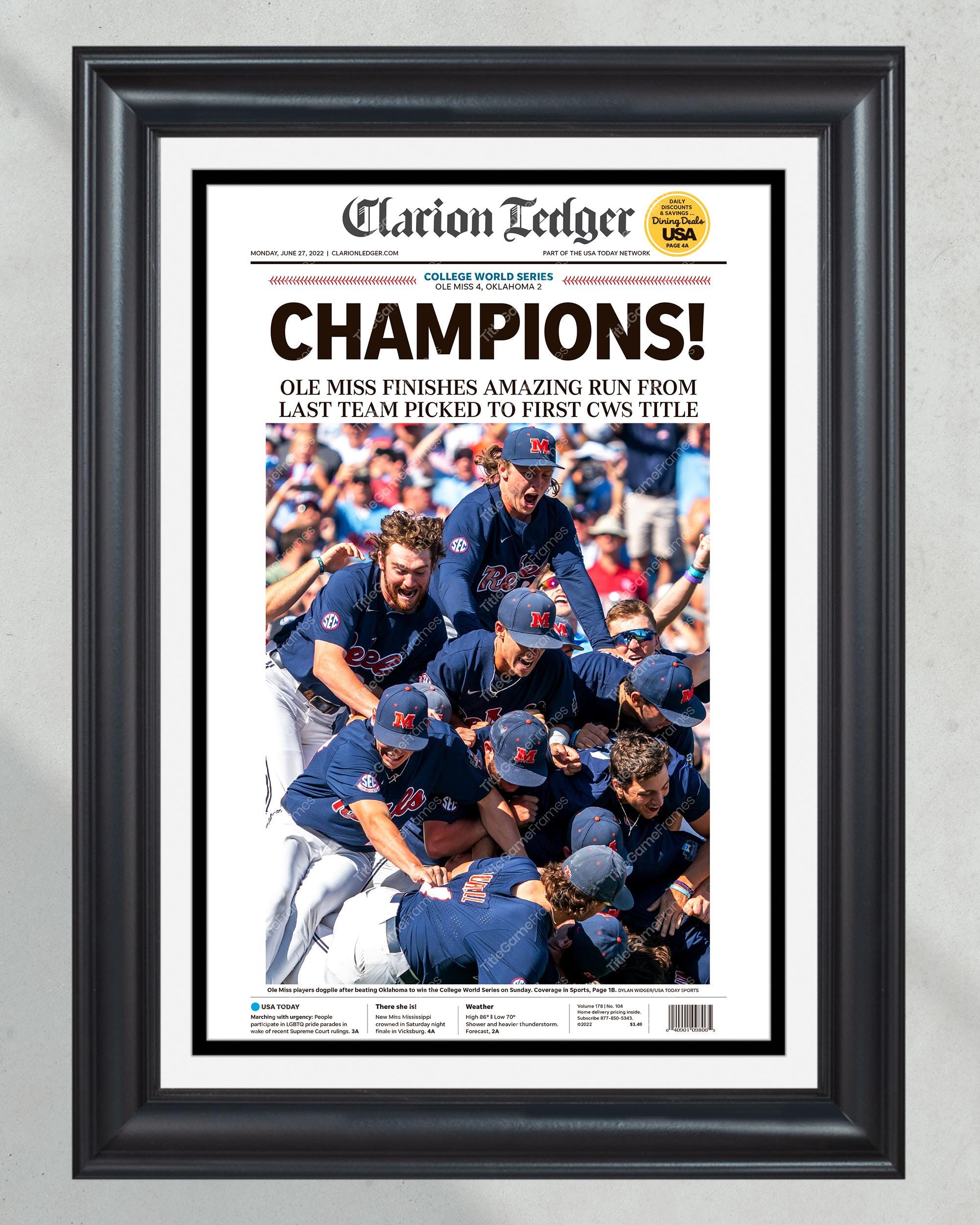 2022 Ole Miss Rebels "Clarion Ledger" College World Series Baseball Champions Framed Front Page Newspaper Print University of Mississippi PT60680