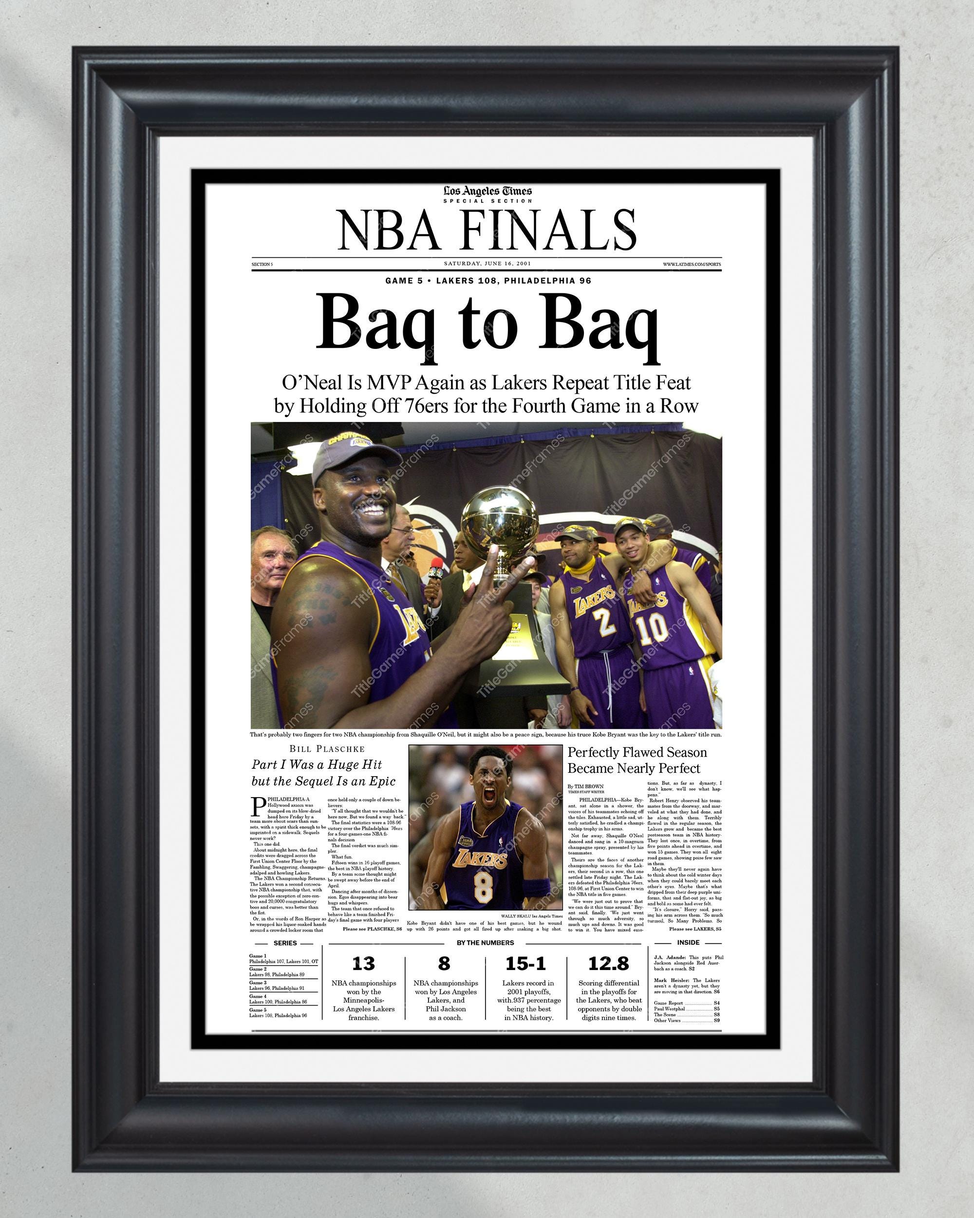 2001 LA Lakers NBA Champion Framed Front Page Newspaper Print - 'Baq to Baq' PT60203