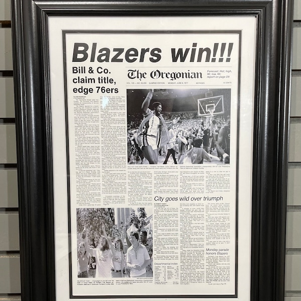 1977 Portland Trailblazers NBA Champion Framed Front Page Newspaper Print