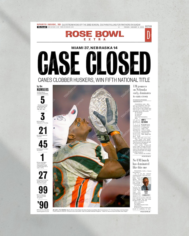 May include: A vintage newspaper front page with the headline "CASE CLOSED" in bold, black letters. The subheading reads "CANES CLOBBER HUSKERS, WIN FIFTH NATIONAL TITLE". The image features a football player holding up a trophy, with a list of statistics on the left side of the page.