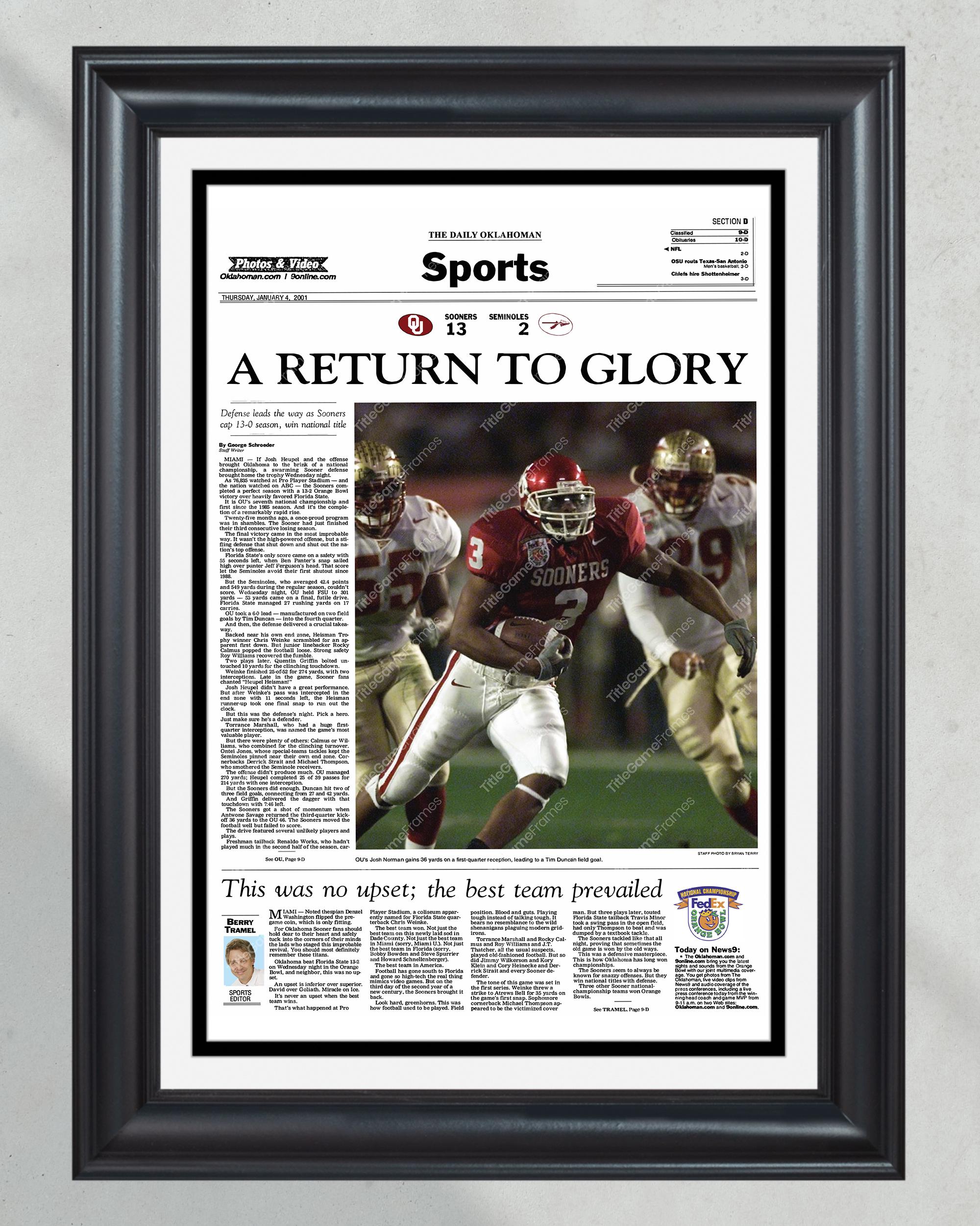2000 Oklahoma Sooners NCAA College Football National Champions Framed Front Page Newspaper Print PT60326