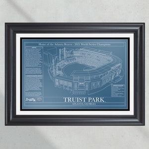Truist Park Blueprint in Premium Black Frame (17"x23") with Classic Blueprint Blue Background.