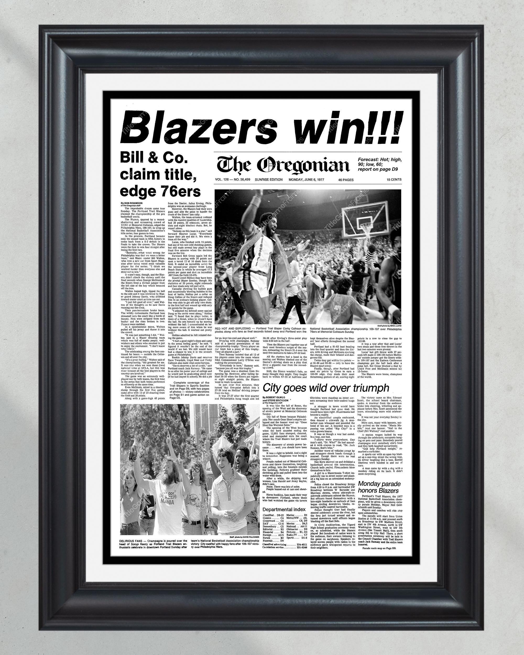 1977 Portland Trailblazers NBA Champion Framed Newspaper Print - 'Blazers win!' PT60823