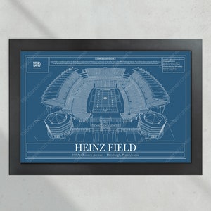 May include: A blueprint-style illustration of Heinz Field, a football stadium in Pittsburgh, Pennsylvania. The illustration shows the stadium's exterior and interior, including the field, seating, and scoreboard. The text "Heinz Field" is displayed at the bottom of the illustration, along with the address "100 Art Rooney Avenue - Pittsburgh, Pennsylvania".