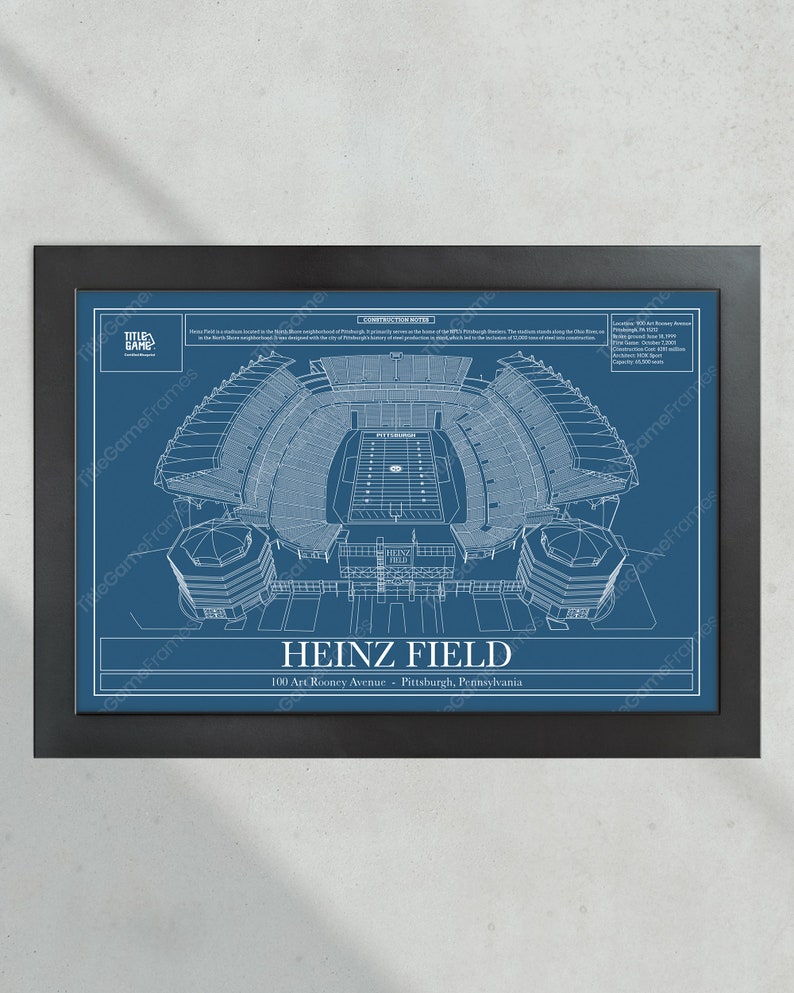 May include: A blueprint-style illustration of Heinz Field, a football stadium in Pittsburgh, Pennsylvania. The illustration shows the stadium's exterior and interior, including the field, seating, and scoreboard. The text "Heinz Field" is displayed at the bottom of the illustration, along with the address "100 Art Rooney Avenue - Pittsburgh, Pennsylvania".