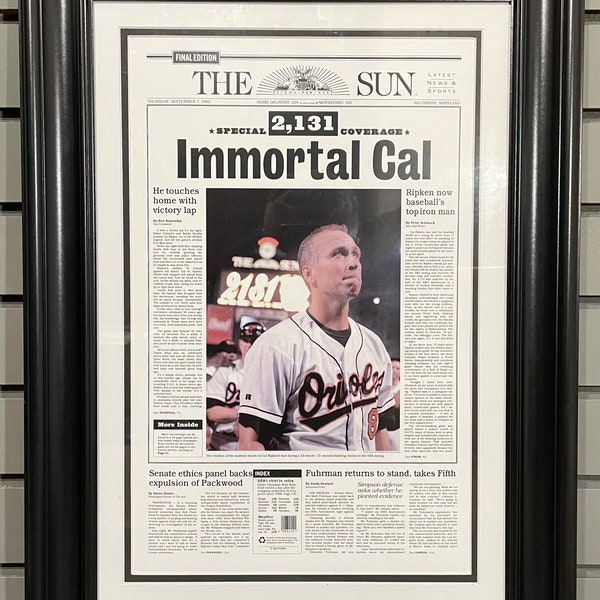 1995 Cal Ripken “Immortal Cal” Baltimore Orioles Iron Man Framed Front Page Newspaper Print