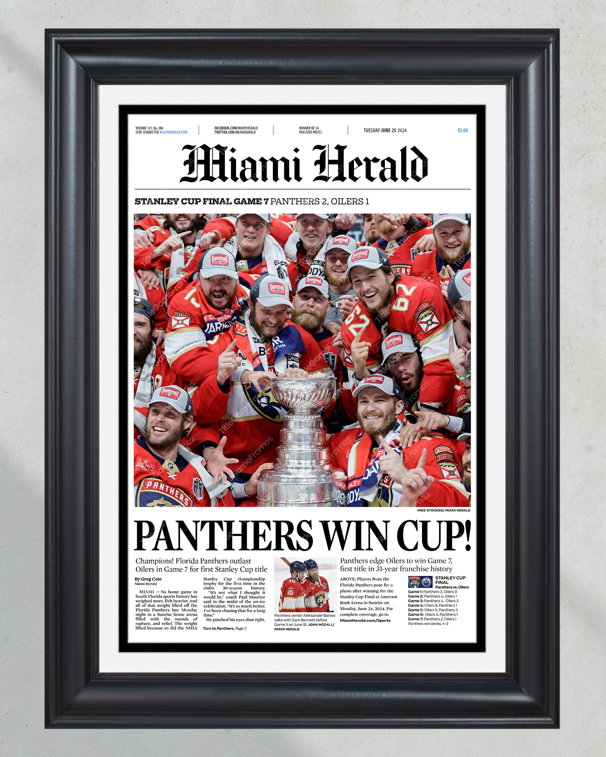 2024 Florida Panthers Stanley Cup Champions 'PANTHERS WIN CUP!' Framed Newspaper PT60874