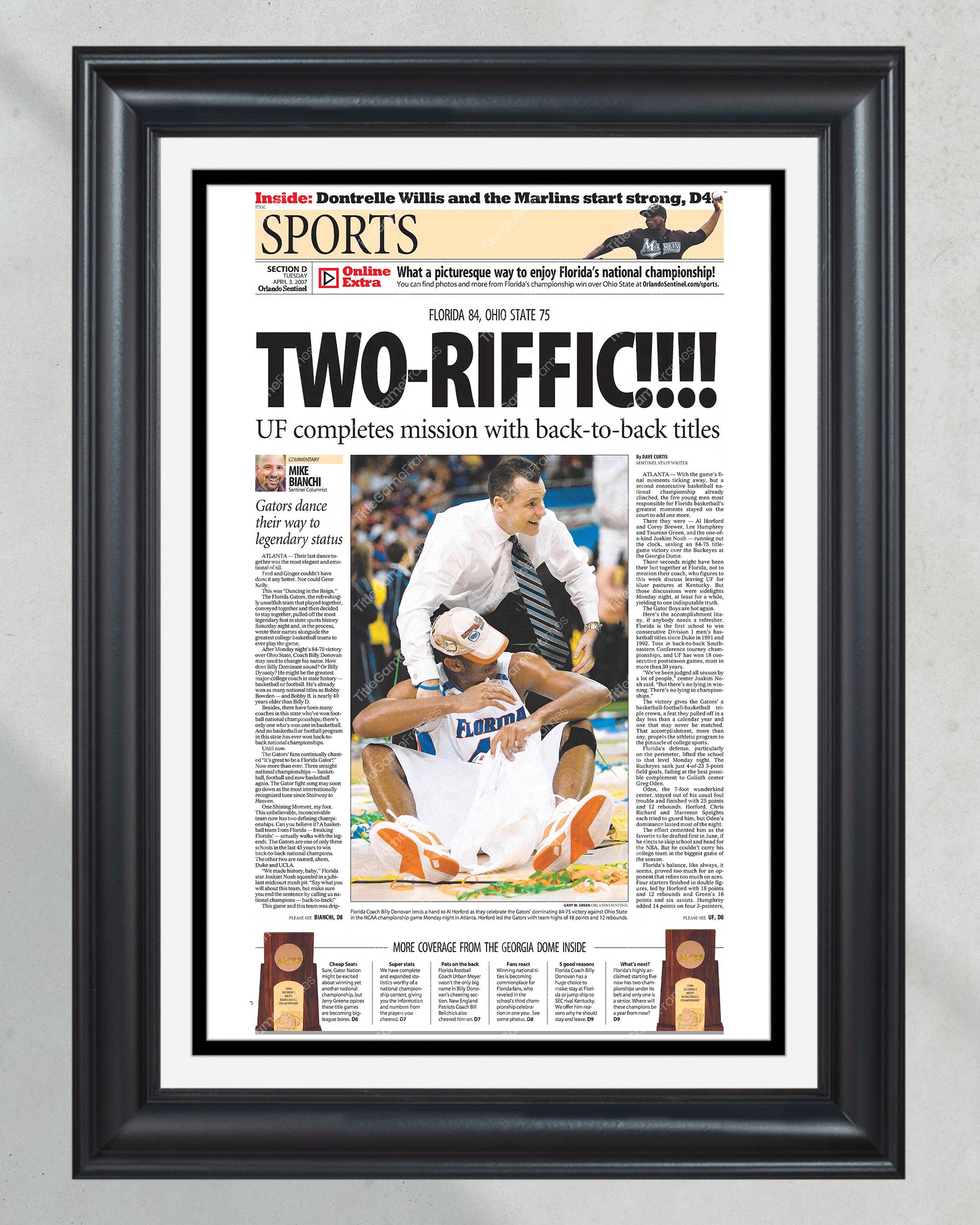 2007 Florida Gators 'TWO-riffic!!!' NCAA Basketball Champions - Framed Newspaper PT60801