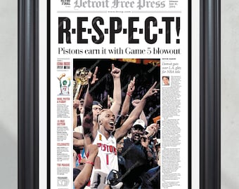 Detroit Pistons, campeones de la NBA en 2004 - Portada de periódico enmarcada con la palabra "Respeto"