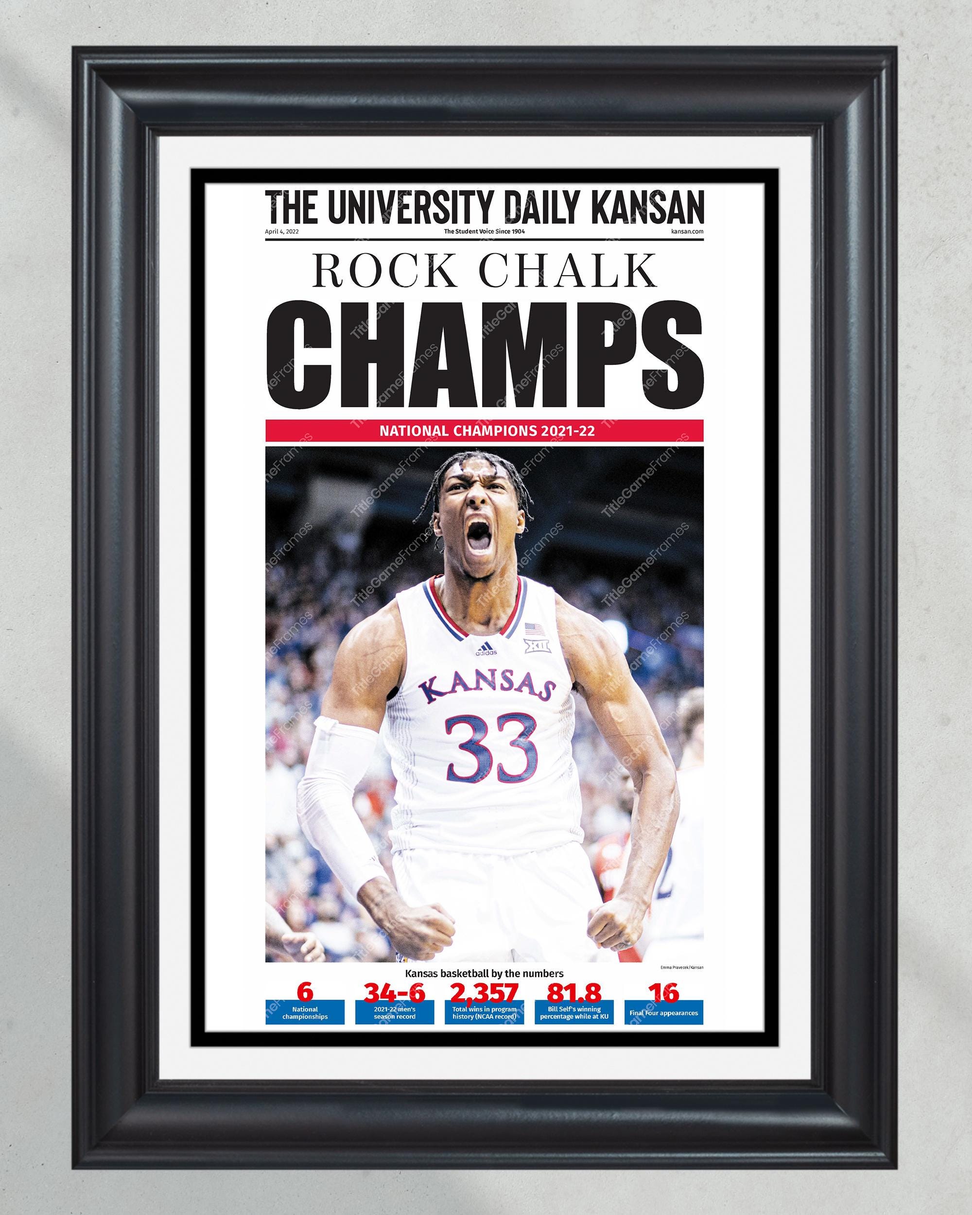 2022 Kansas Jayhawks "Champs" NCAA College Basketball Champions Framed Front Page Newspaper Print PT60449