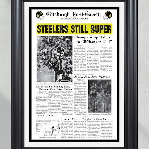 Stampa di giornale incorniciata della prima pagina dei campioni del Super Bowl X dei Pittsburgh Steelers del 1976