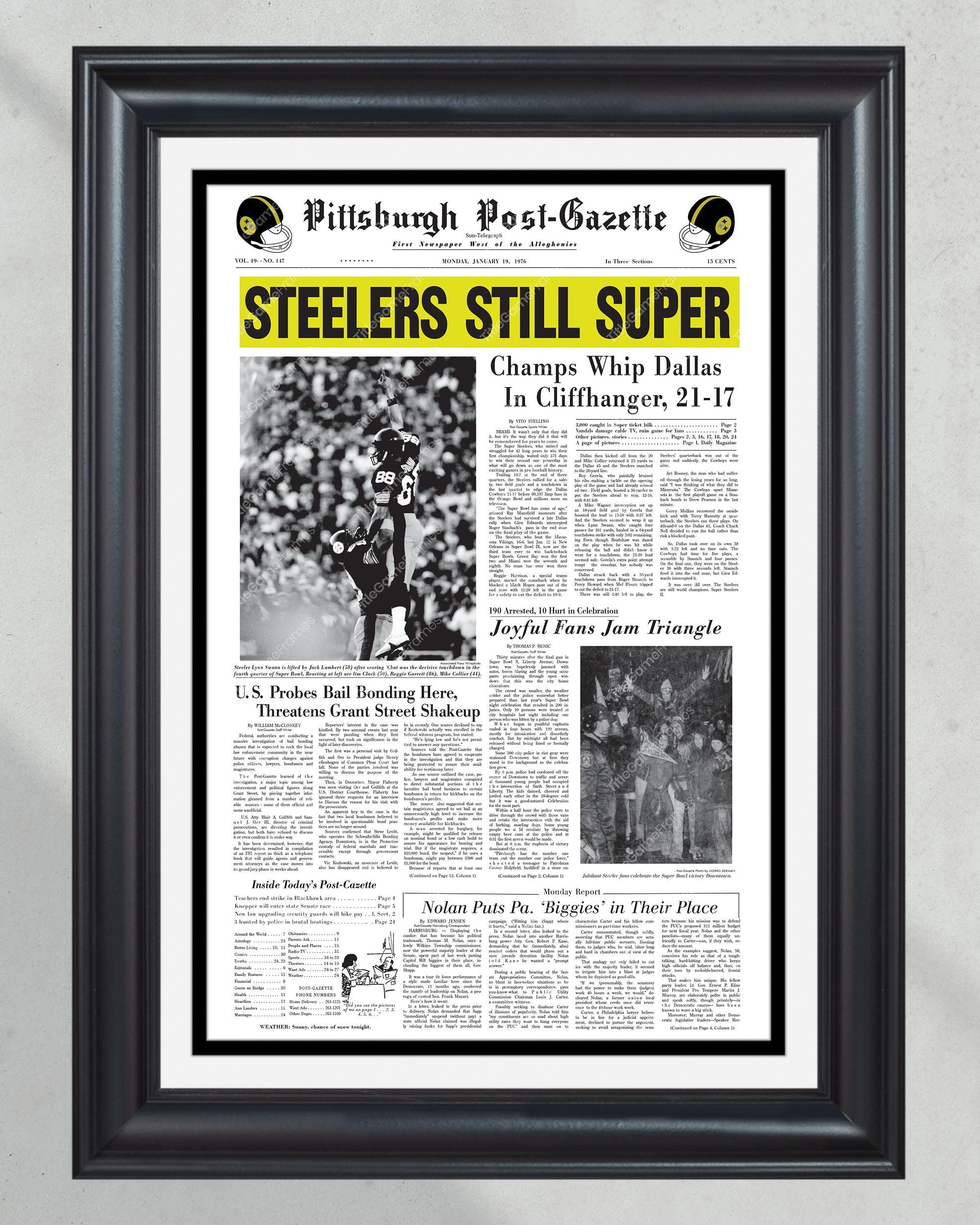 1976 Pittsburgh Steelers Super Bowl X Champions Framed Front Page Newspaper Print PT60752