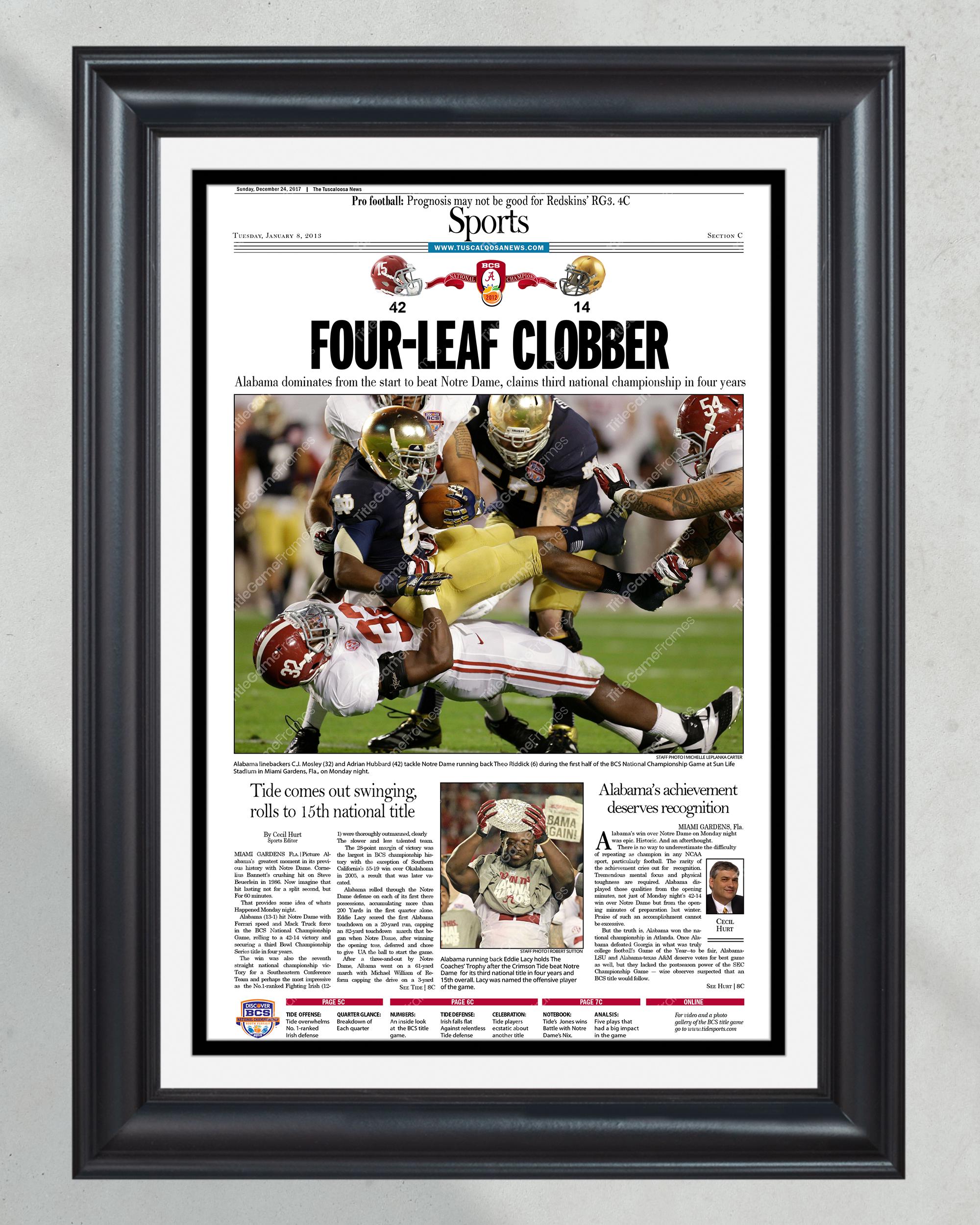 2012 Alabama Crimson Tide NCAA College Football National Champions Framed Front Page Newspaper Print PT60987