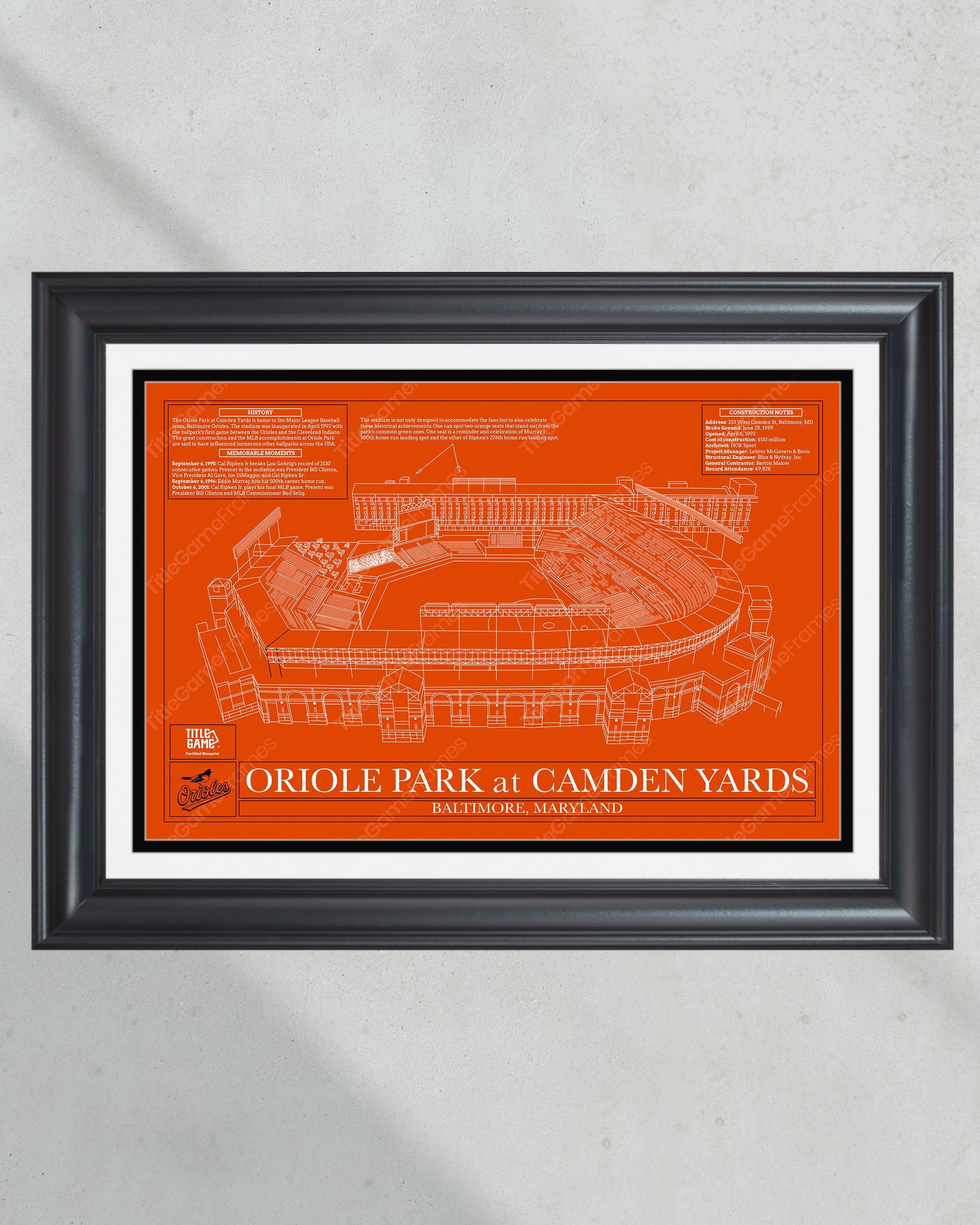 Baltimore Orioles Oriole Park at Camden Yards Stadium Ballpark Blueprint Baseball Wall Art PT61075