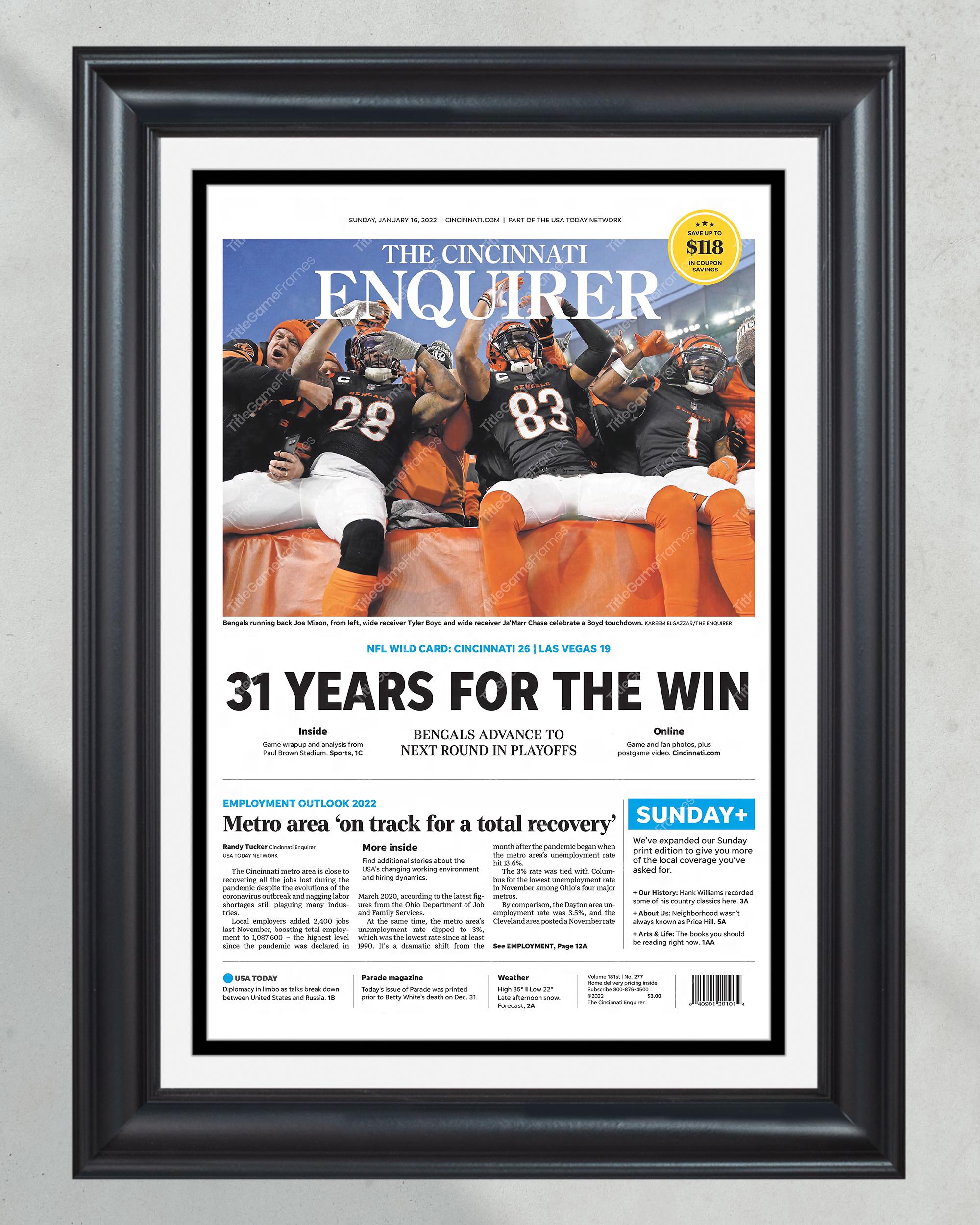 2022 Cincinnati Bengals "31 Years" AFC Wild Card Game Framed Front Page Newspaper Print PT60262