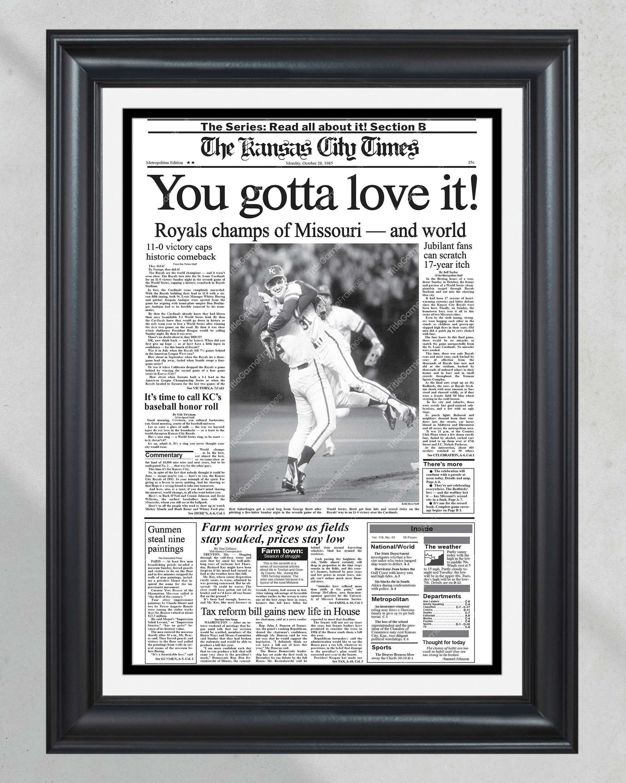 1985 Kansas City Royals World Series Champions Framed Front Page Newspaper Print PT60252
