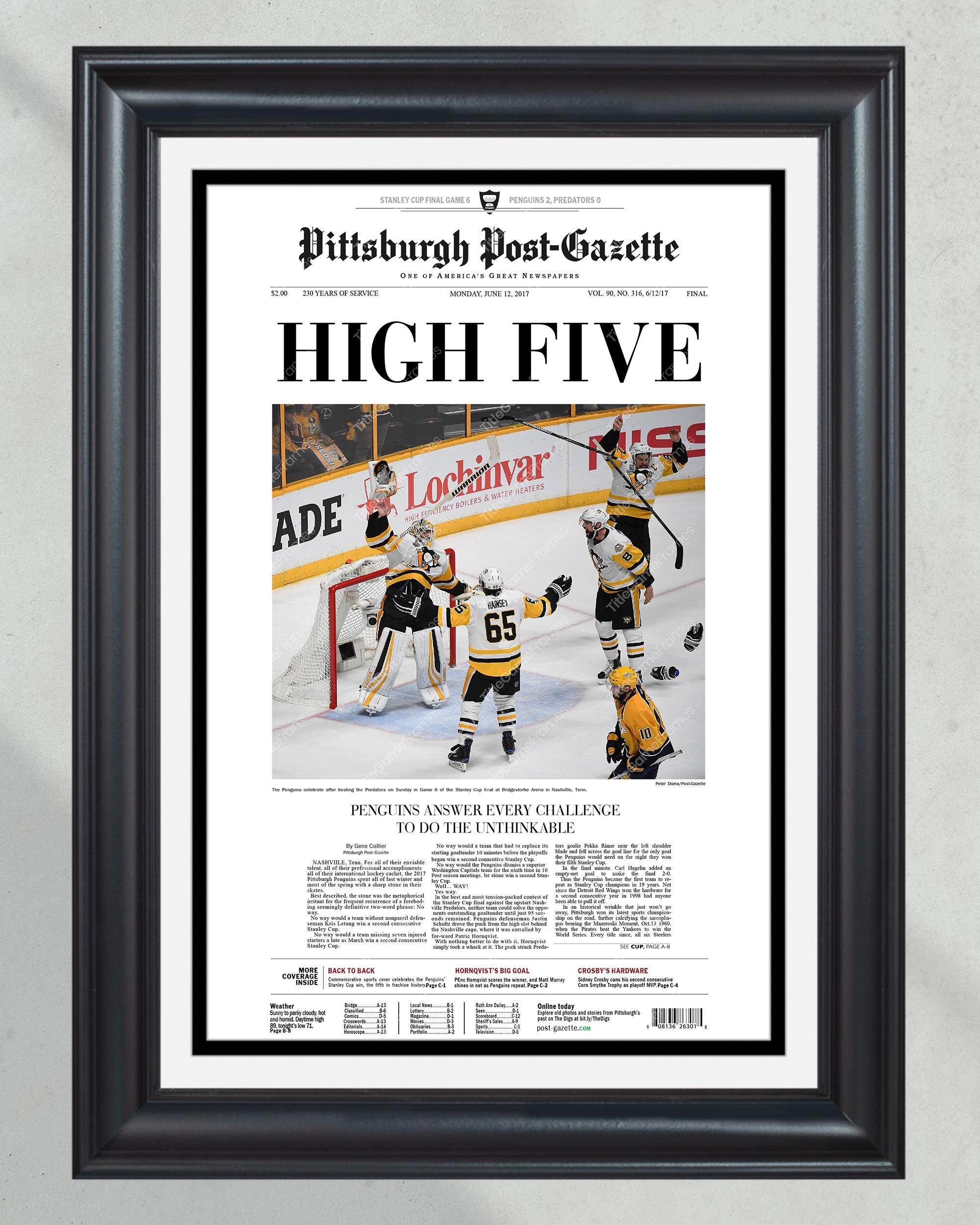 2017 Pittsburgh Penguins Stanley Cup Champions 'HIGH FIVE' Framed Newspaper PT60753