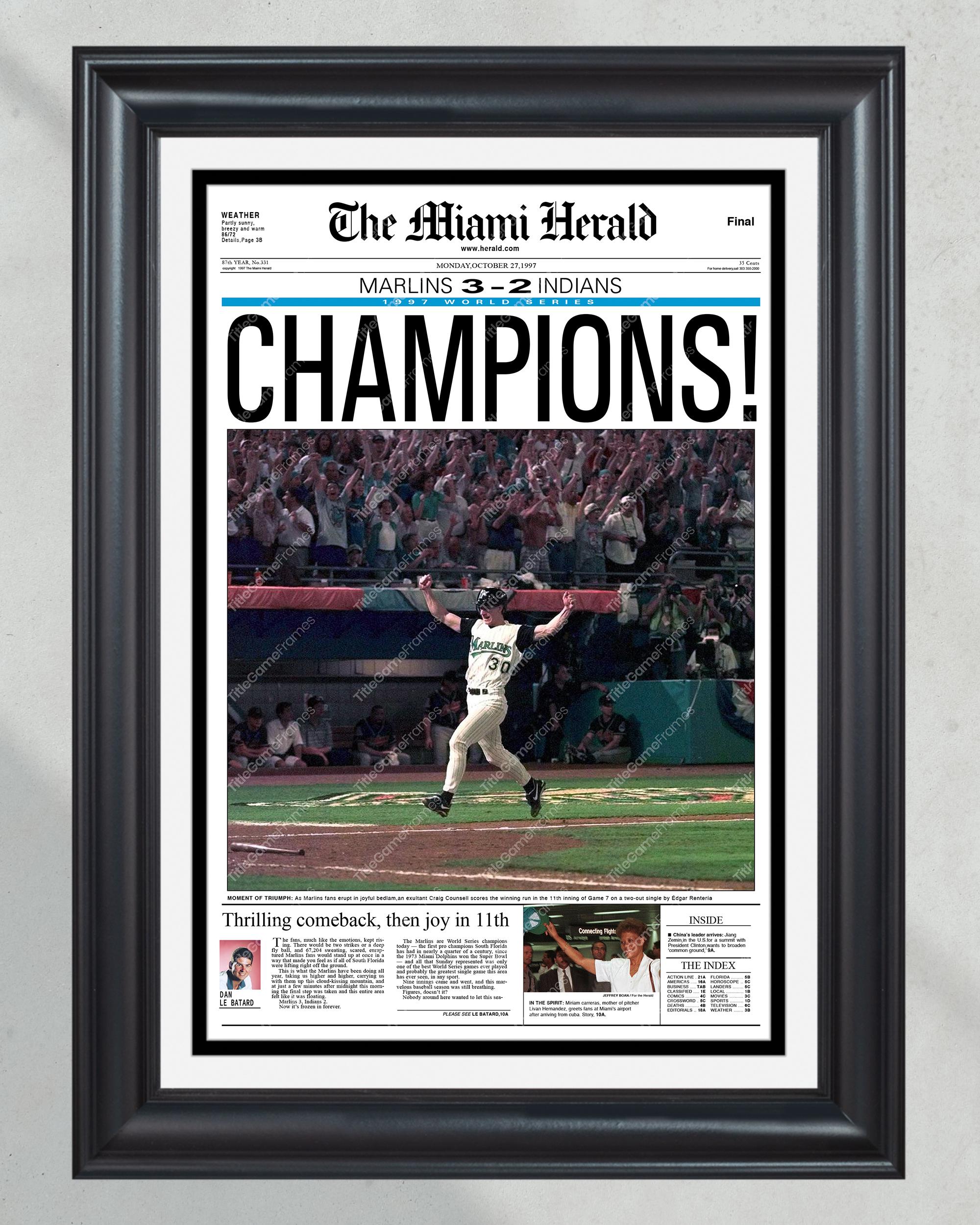 1997 Florida Marlins World Series Champions Framed Front Page Newspaper Print PT60647