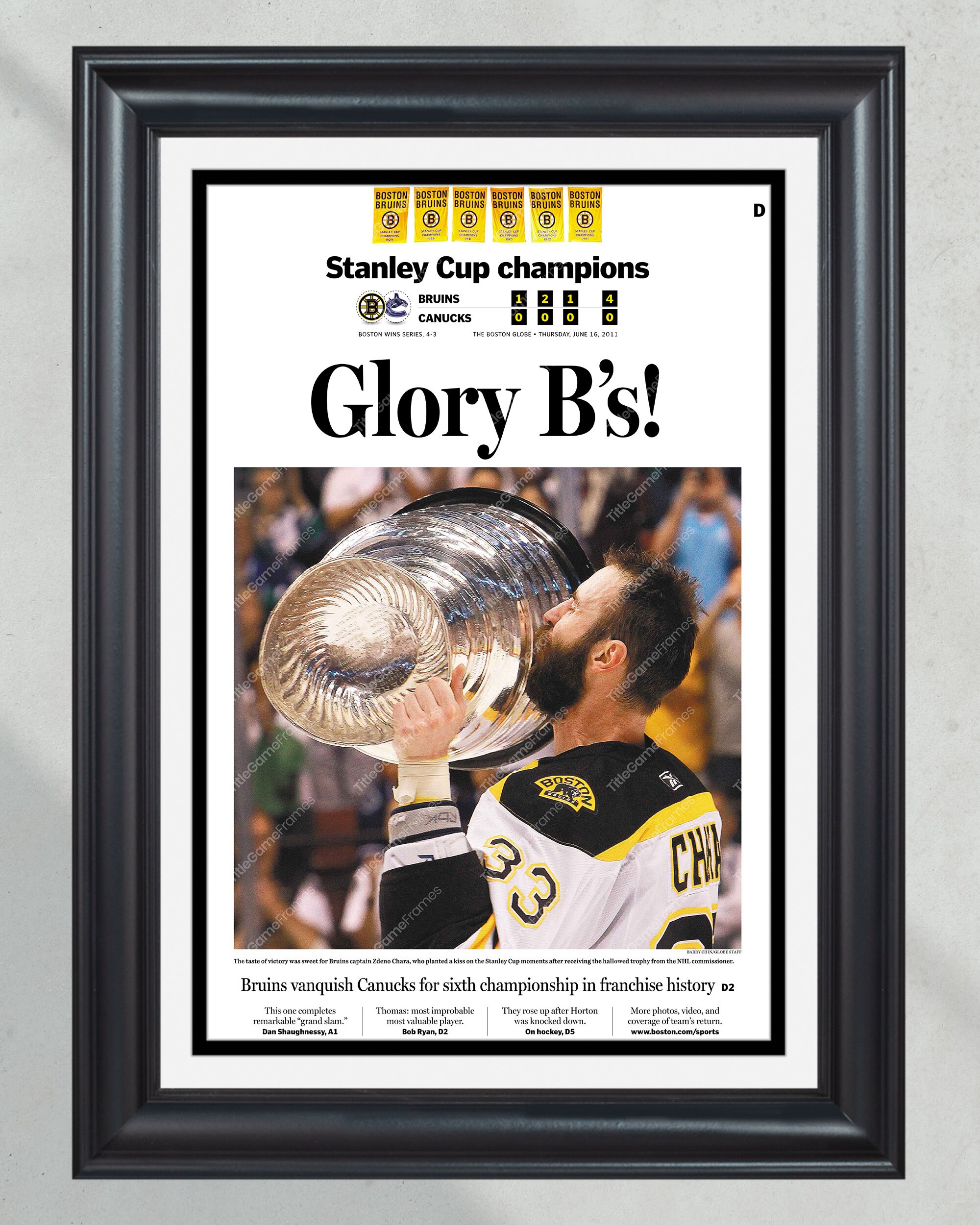 2011 Boston Bruins Stanley Cup Champions "Glory B's!" Framed Front Page Newspaper Print Boston Garden PT60941