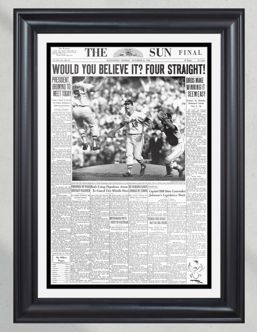 1966 Baltimore Orioles World Series Champions Framed Front Page Newspaper Print PT60256