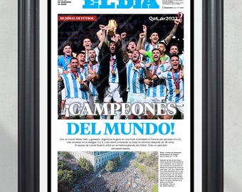 Mundial 2022: Argentina derrota a Francia. ¡CAMPEONES DEL MUNDO! Portada de periódico enmarcada.