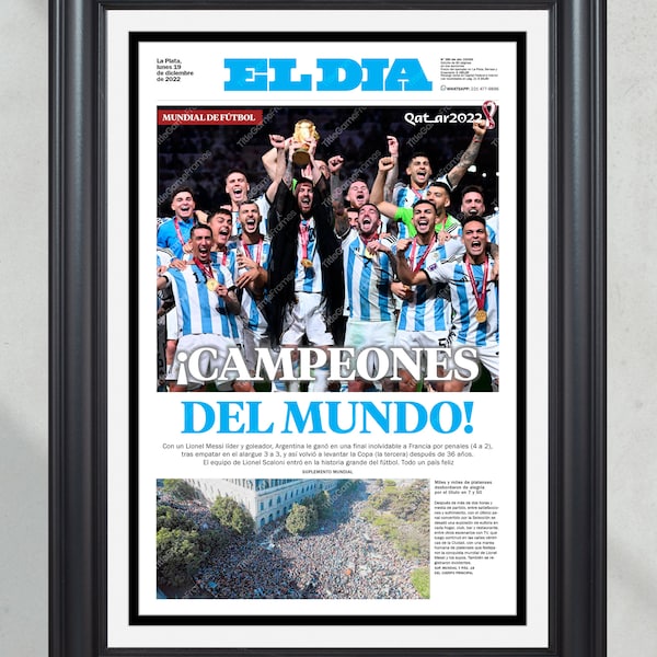 2022 World Cup Argentina Defeats France '!CAMPEONES DEL MUNDO!' Framed Front Page Newspaper Print